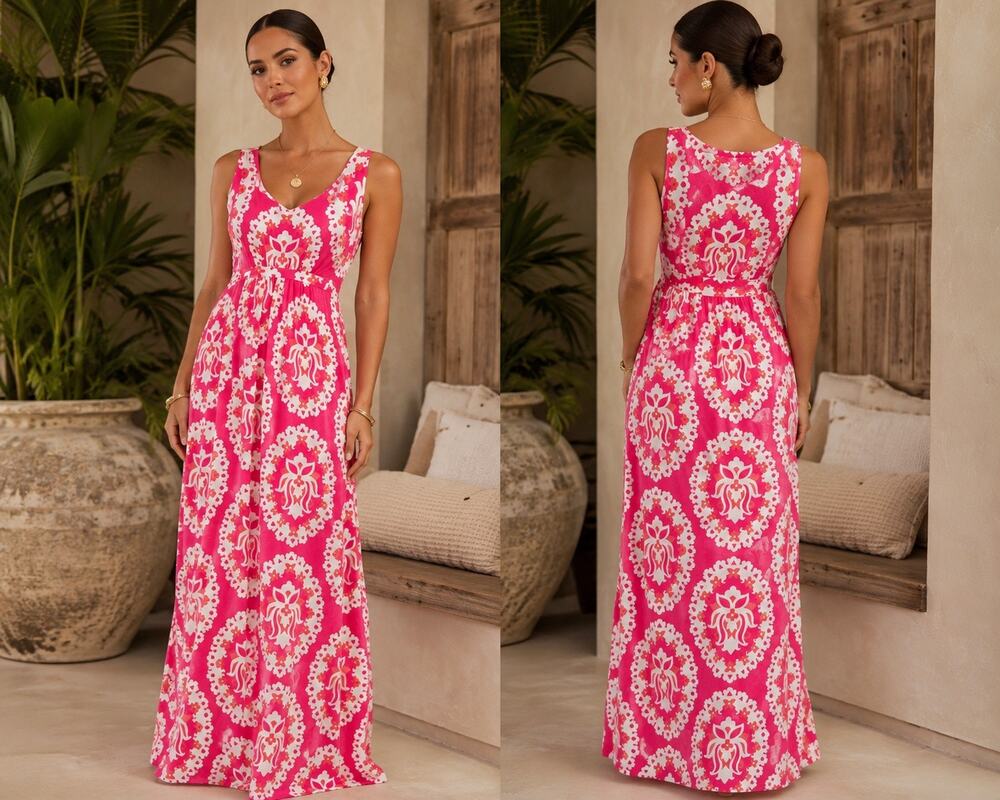 Boden Pink White Floral Maxi Dress US 8L Sleeveless Viscose Stretch